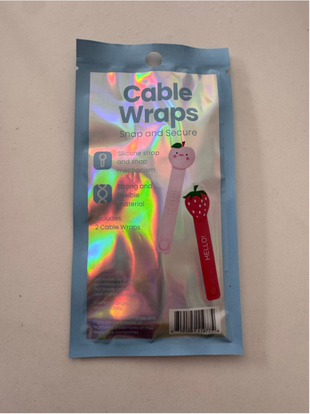 A set of 2 Cable Wraps Silicone Strawberry Peach One Size Pink Red